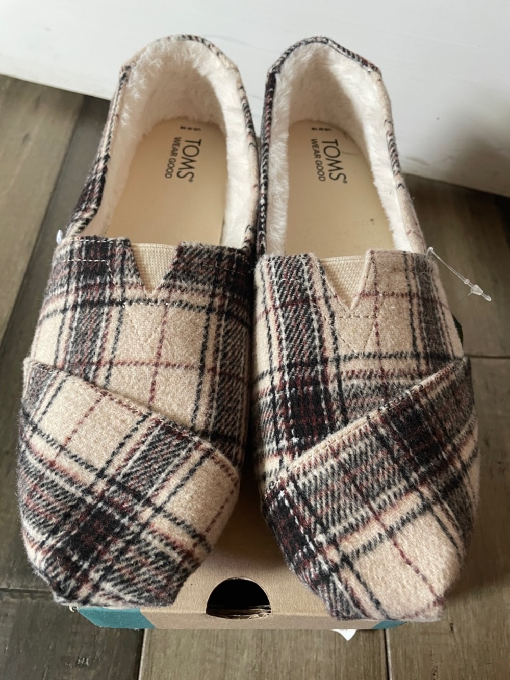 TOMS Women’s Plaid Slip-On Moccasins in Beige and Brown